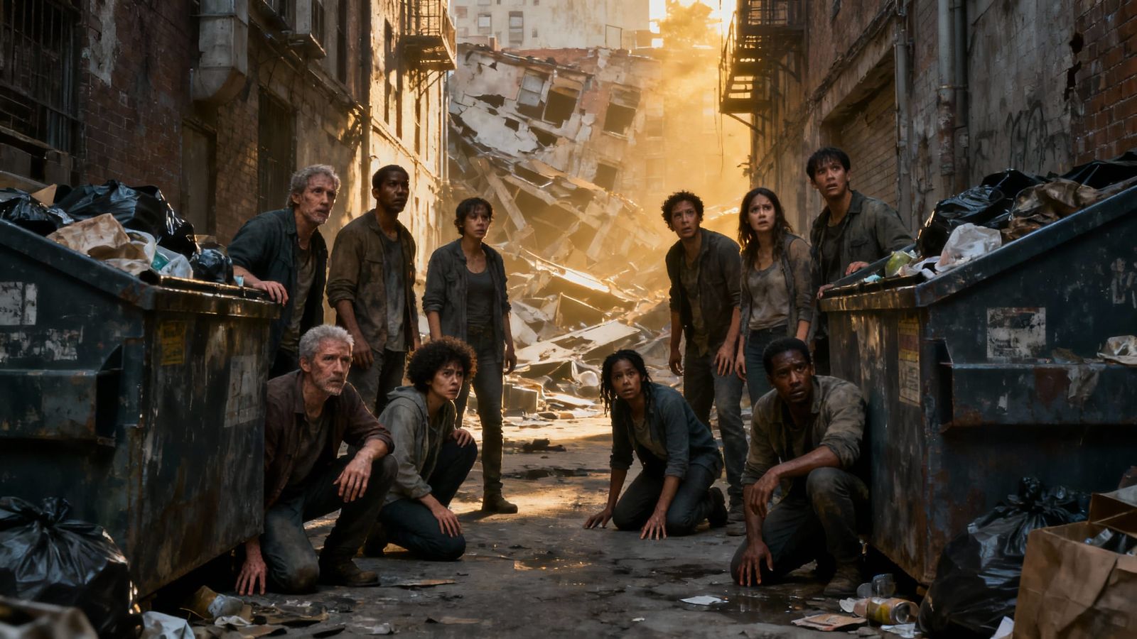 Survivors in Desolate Post-Apocalyptic Alleyway