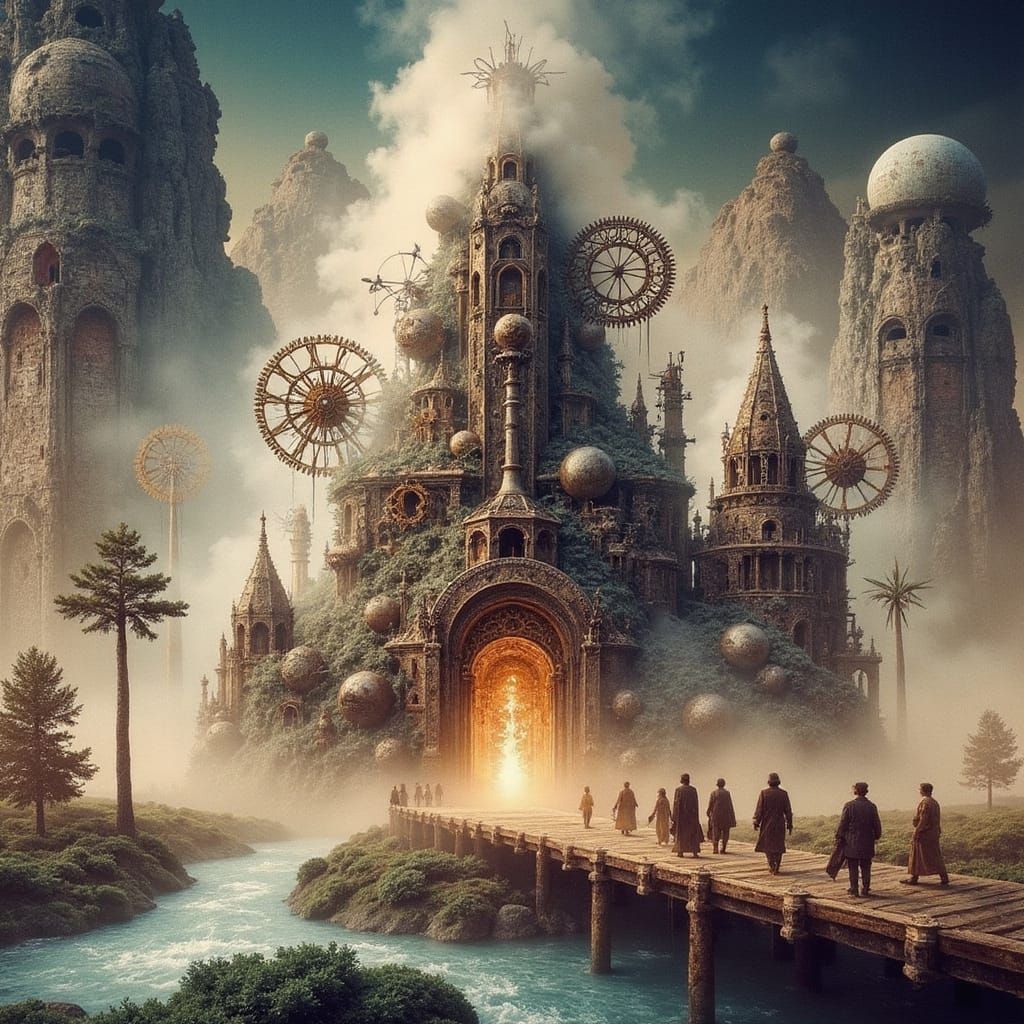 Steampunk Ritual in Surreal Landscape, Mixed-Media Art