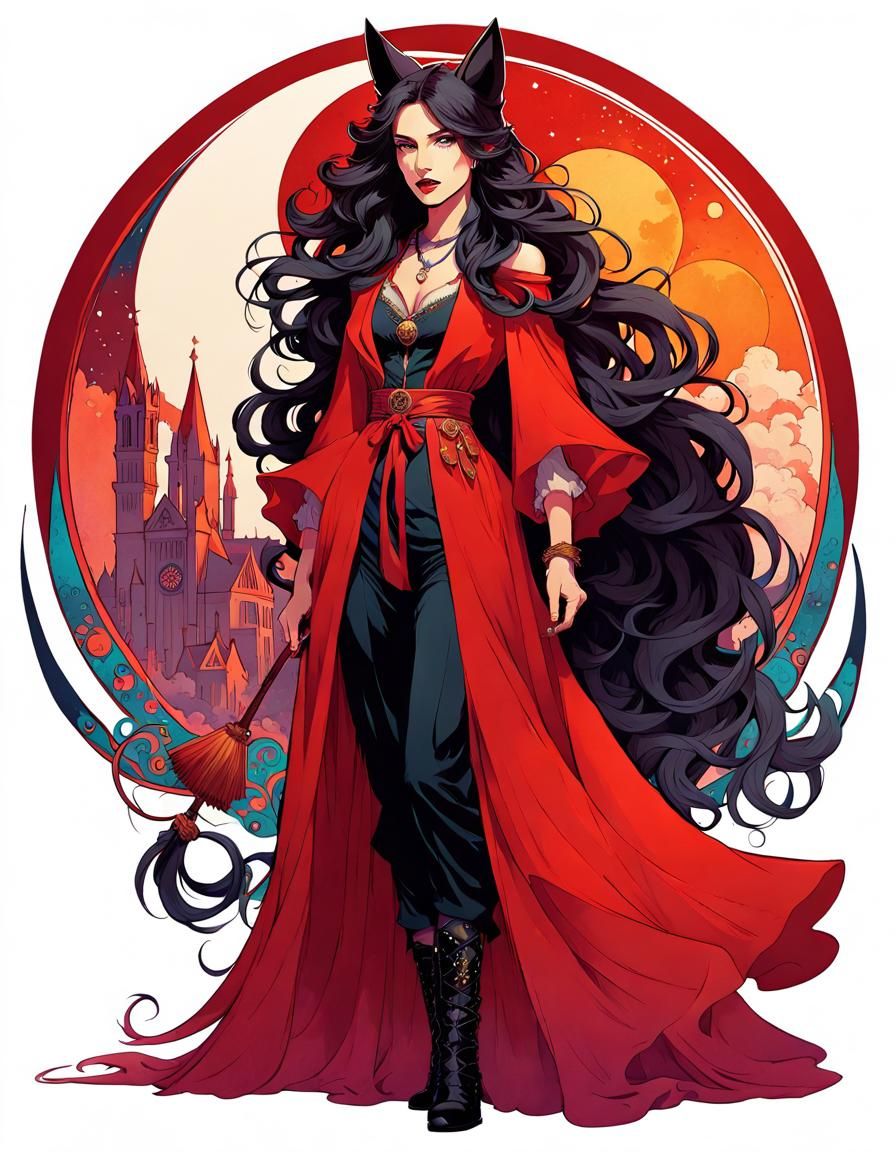 College Witch with Wolf in Art Nouveau Style