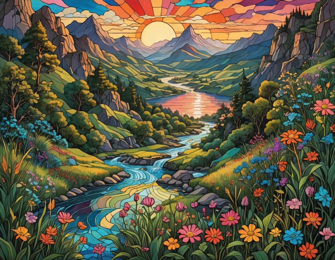Psychedelic Stained Glass River Sunset in Mountain Valley