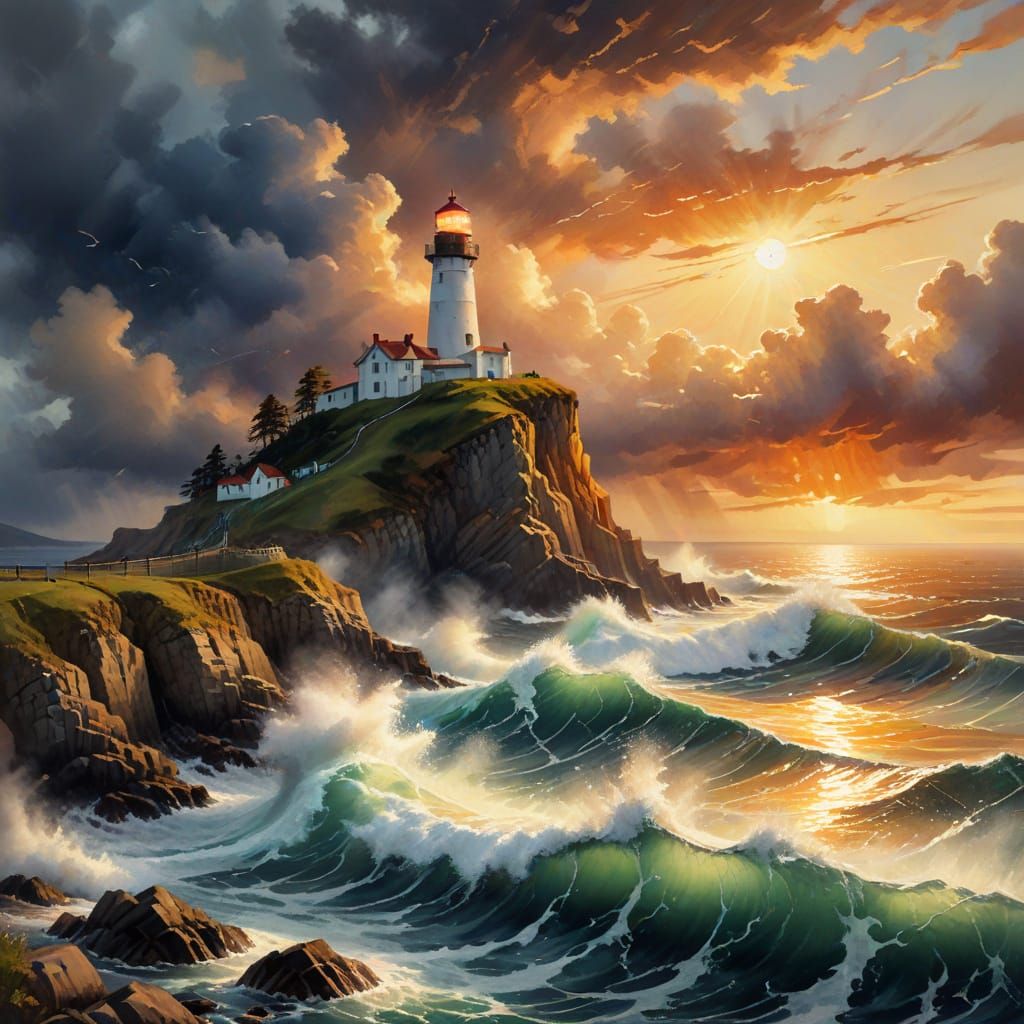 Dramatic Lighthouse Overlooking Stormy Sea, Watercolour Art