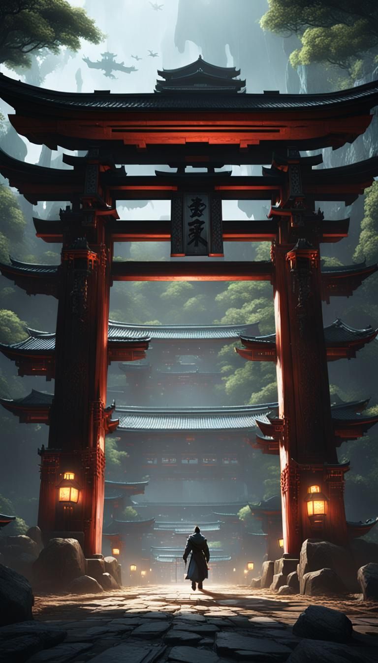 Futuristic Shinto Gateway with Approaching Figure