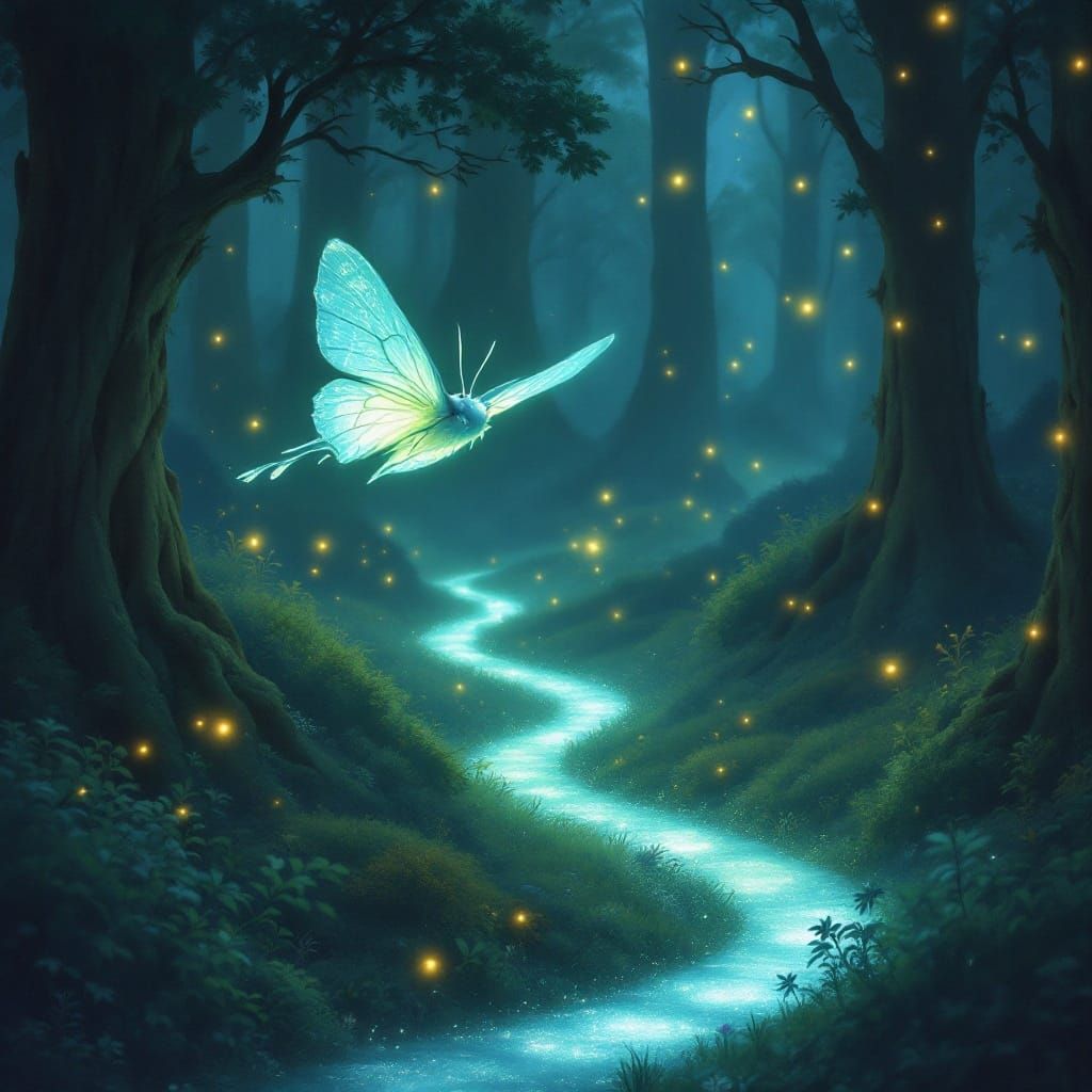 Whimsical Lunar Moth Flies Along Enchanted Bioluminescent Pa...