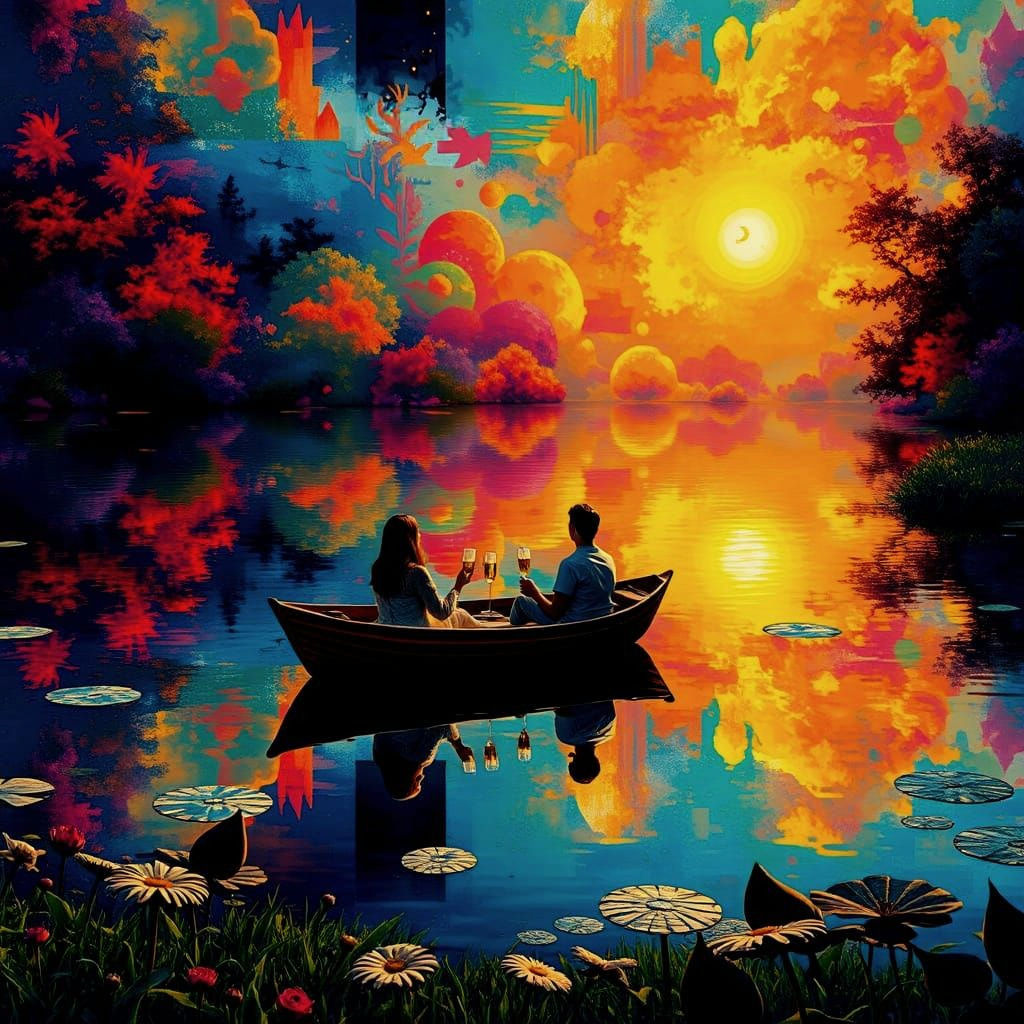 Champagne Picnic on Pond in Abstract Expressionist Style