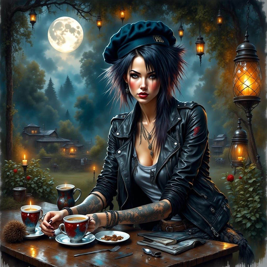 Punk Rock Woman in Garden, Watercolor Style