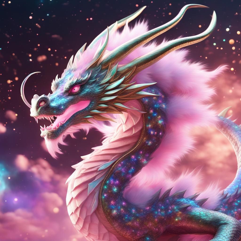 Pink Fluffy Dragon with Bioluminescent Stars