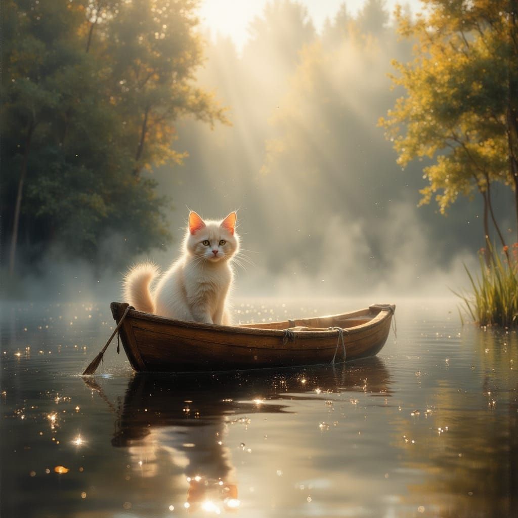 Pearl Cat in Dreamy Lakeside Scene