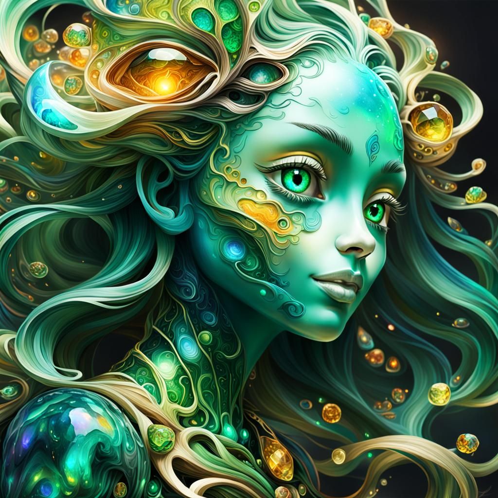 Fantastical Emerald and Opal Fantasy Race Portrait