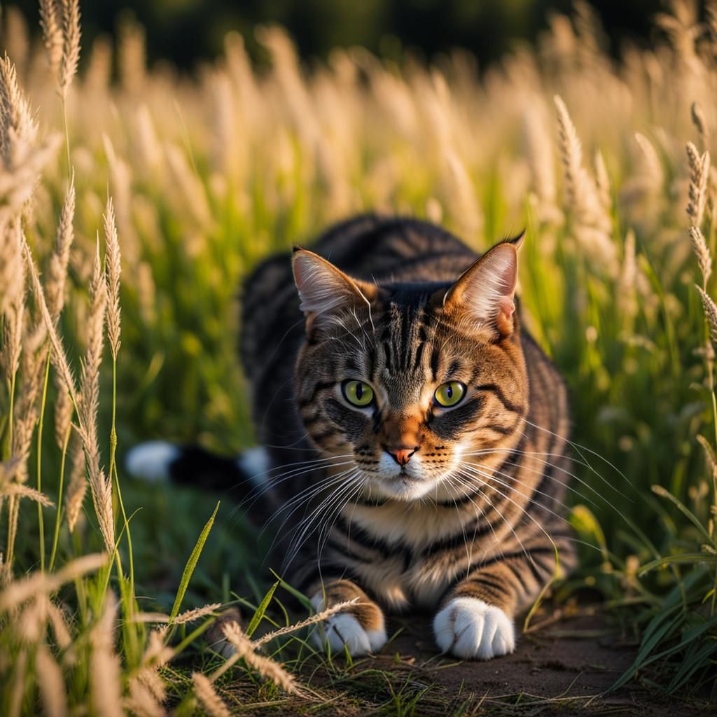 Cat Waiting to Catch Mouse in Field