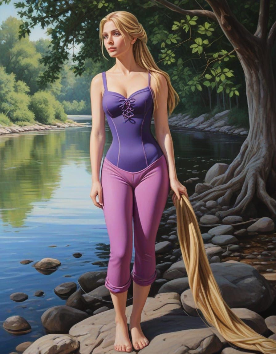 Rapunzel by the Serene River in Vibrant Colors
