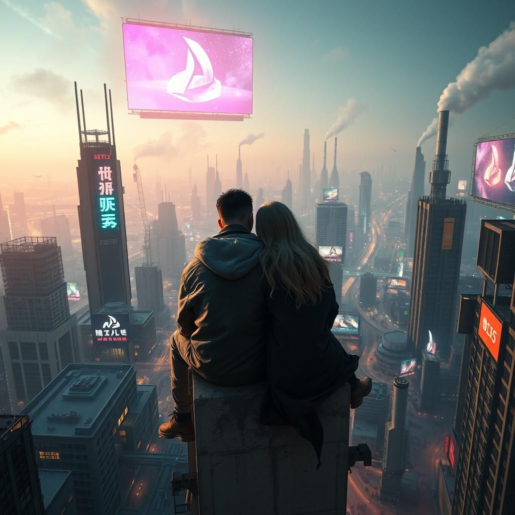 Dystopian Couple Gazing Over Cyberpunk Cityscape