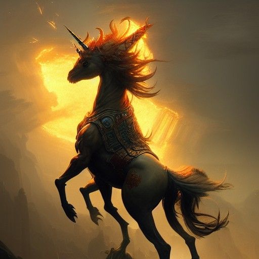 Fiery Unicorn Digital Art in Maximalist Style