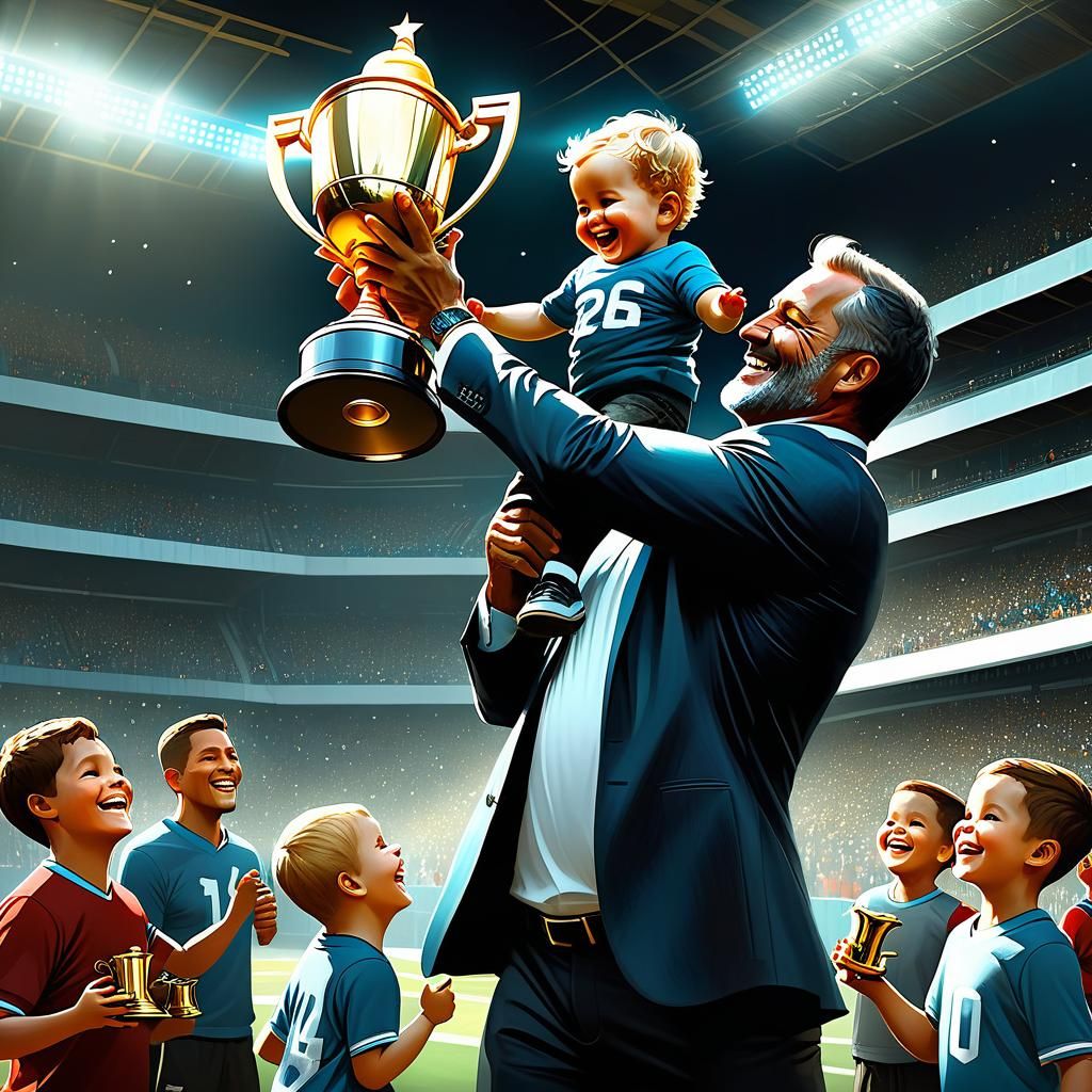 Father and Child Celebrate Victory: Detailed Illustration