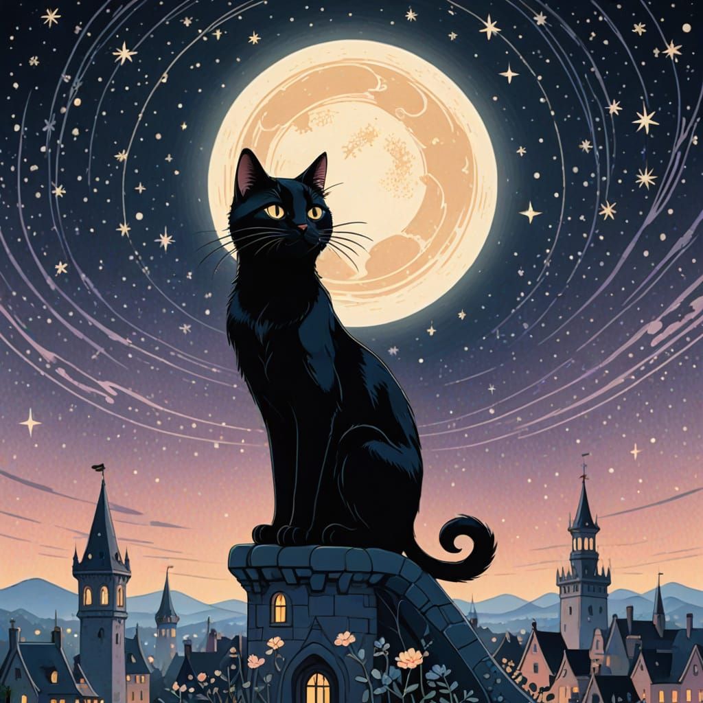 Dreamy Nighttime Scene with a Curious Black Cat