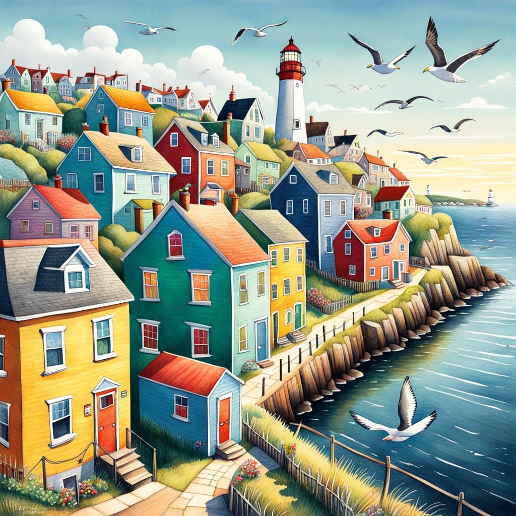 Charming Coastal Town in Folk Art Style