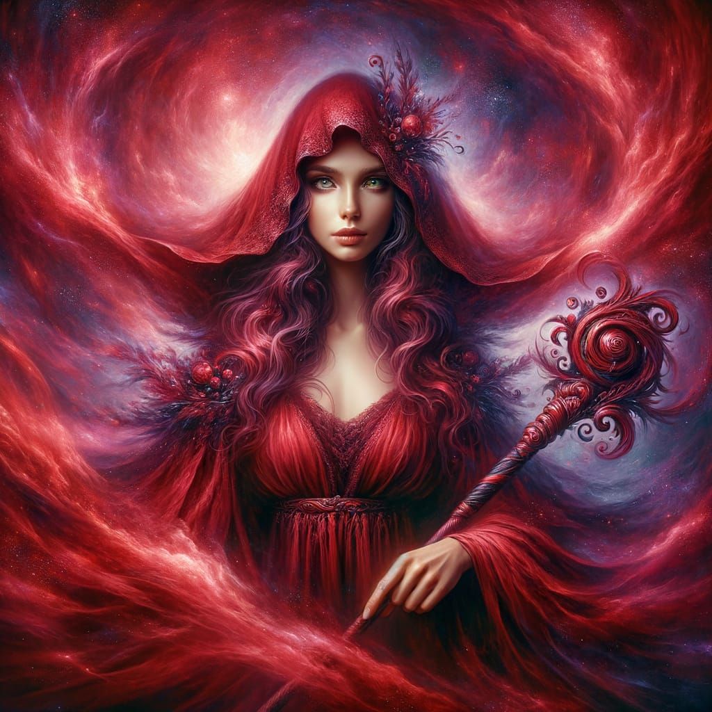 Beautiful Sorcerer Radiating Mystical Energy in Red Robe