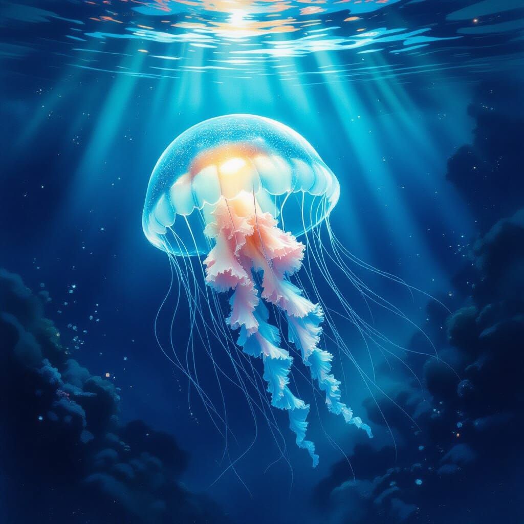 Ethereal Jellyfish in Bioluminescent Deep Sea, Watercolor St...