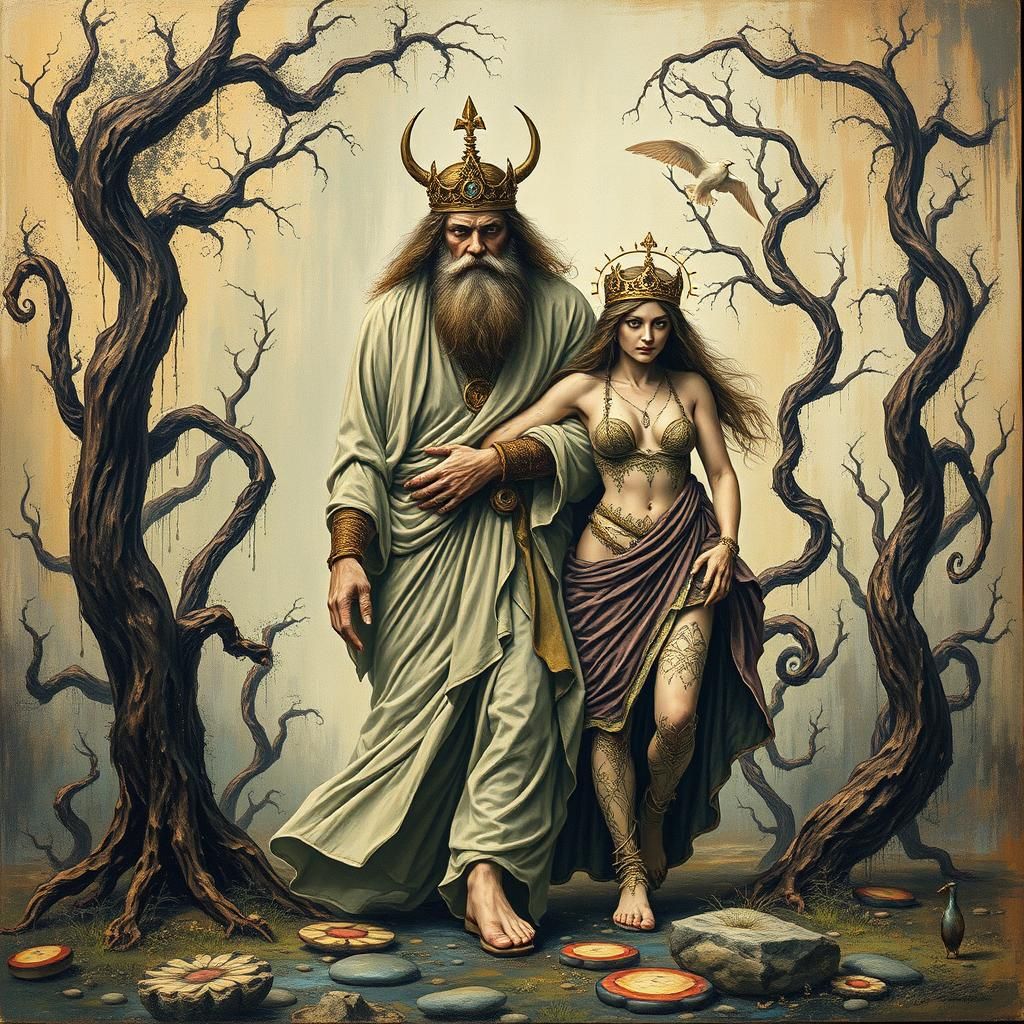 Adam and Eve in Surreal Garden of Eden