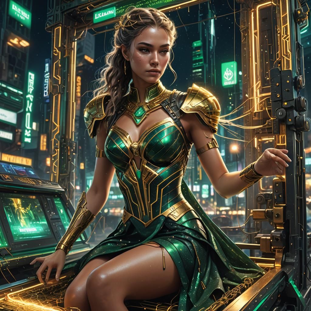 Goddess Weaving in Cyberpunk Cityscape