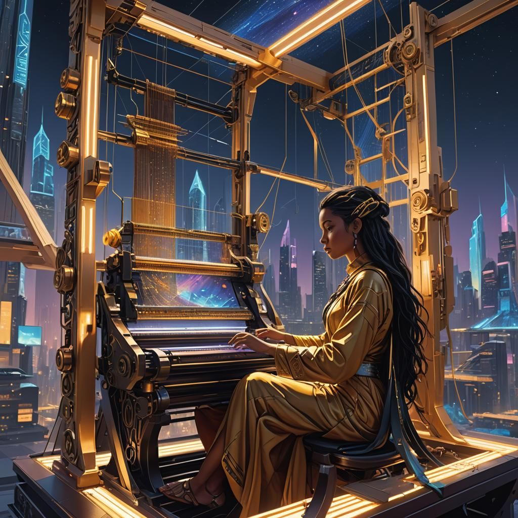 Goddess Weaving Loom in Futuristic Cityscape