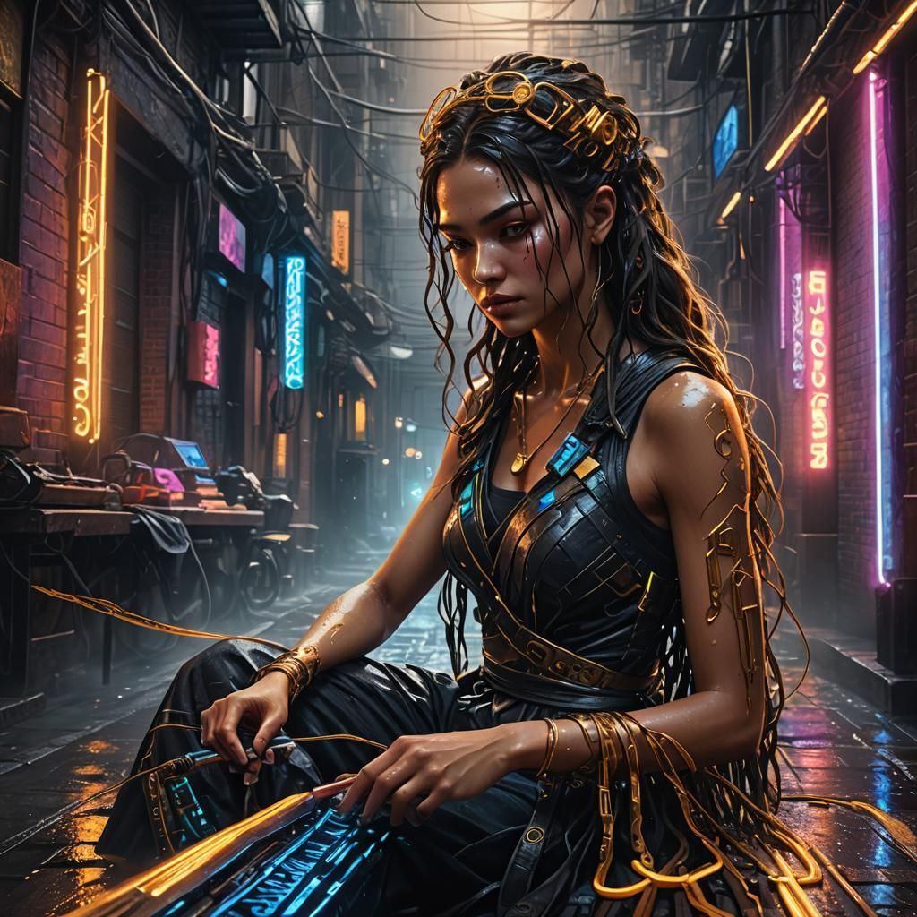 Goddess Weaving in Cyberpunk City Alleyway