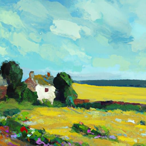 Idyllic French Countryside Landscape Painting
