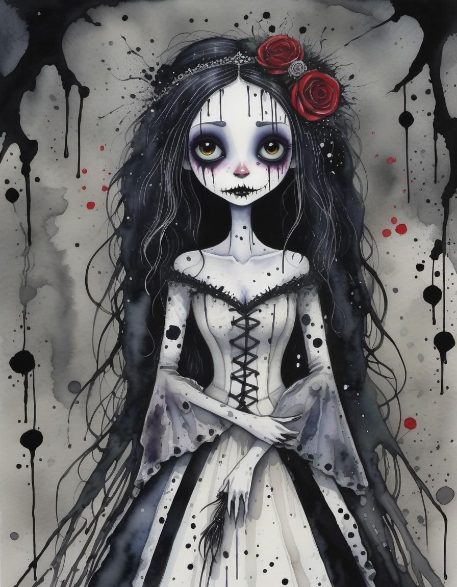 Gothic Bride in Tim Burton Style Watercolor