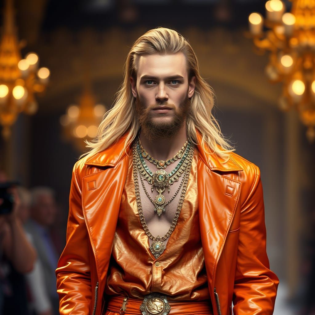 High Fashion Fantasy Runway Model in Orange Leather Jacket