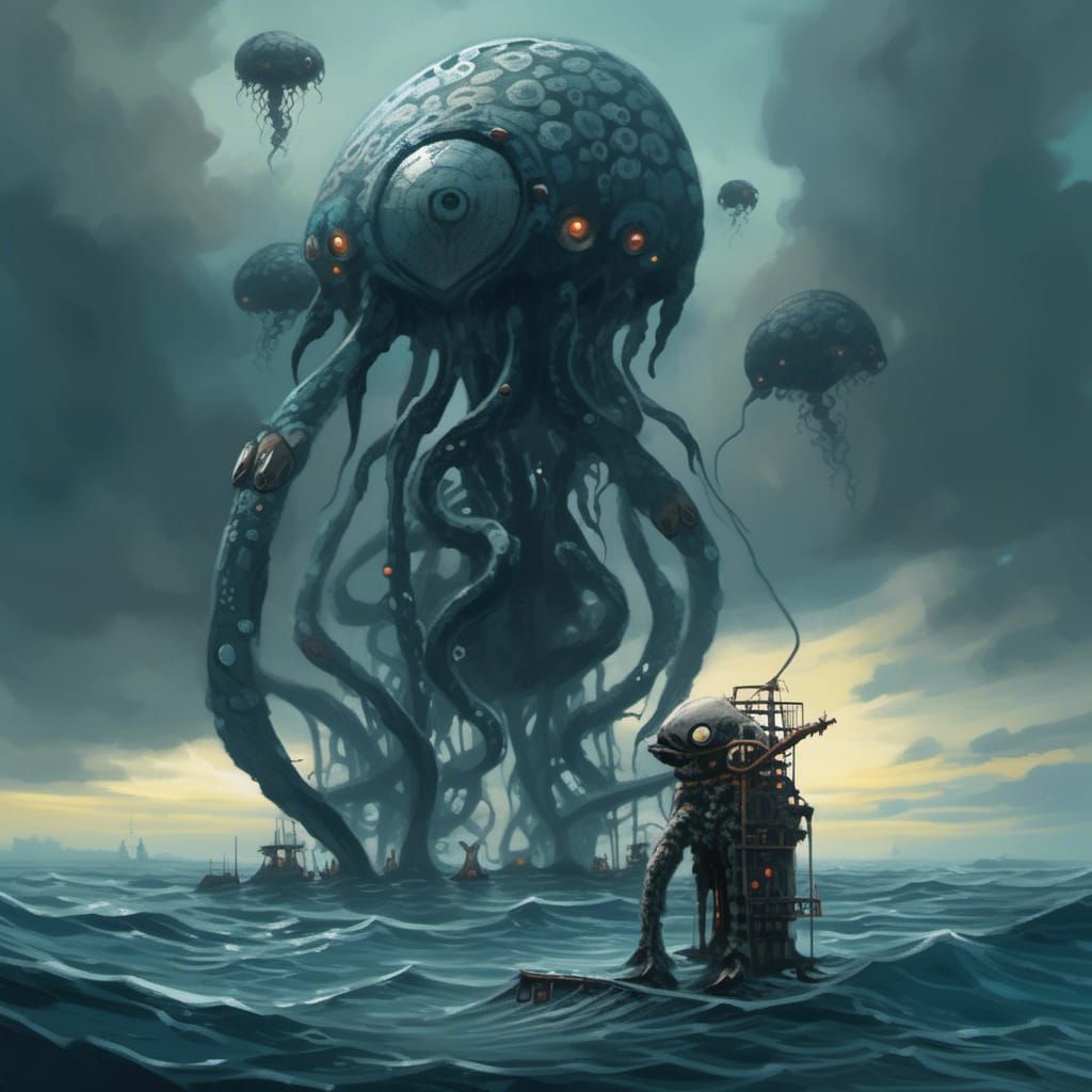 Undead Biomechanical Creature Over North Sea Oil Rig