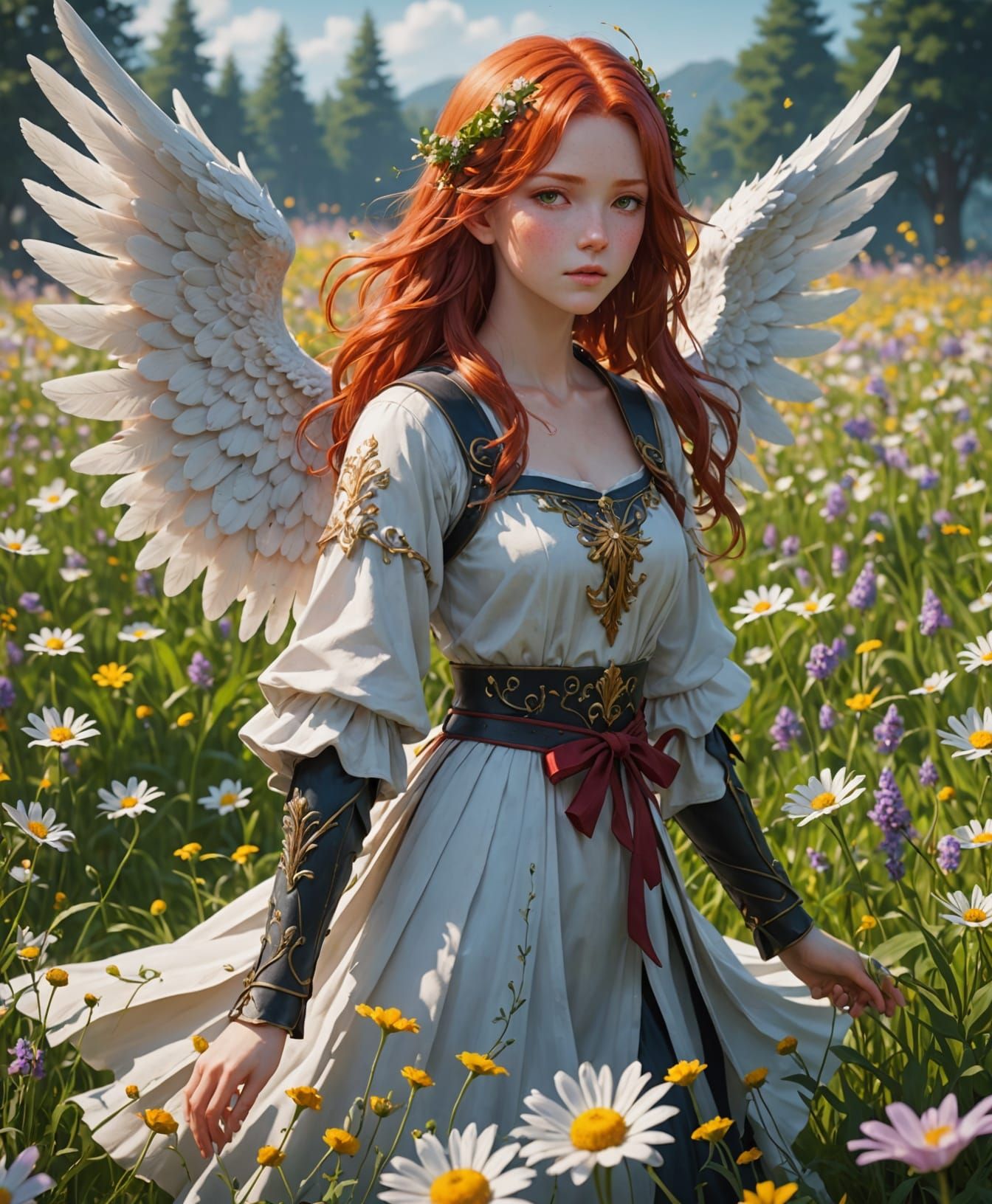 Red haired Angel in field flowers