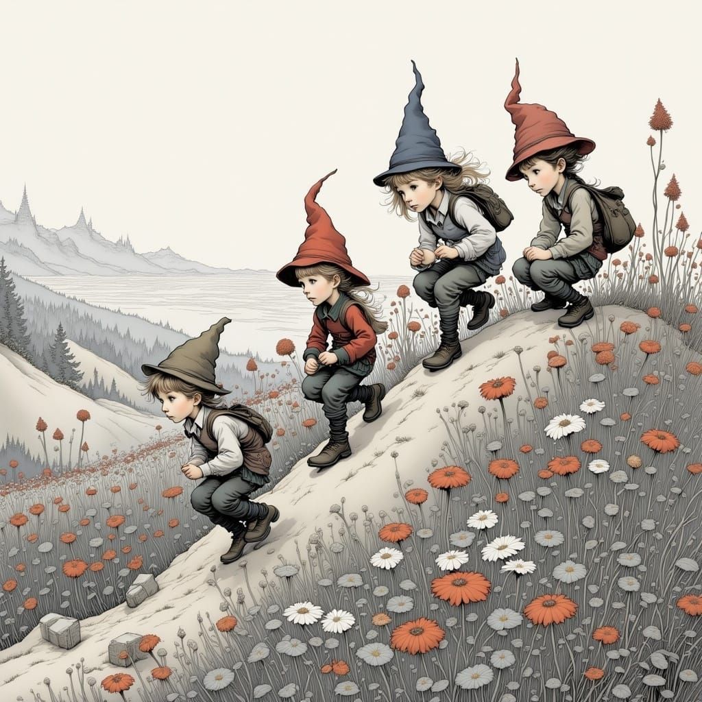 Gnomes Climb a Whimsical Hill in Fantasy Art Style