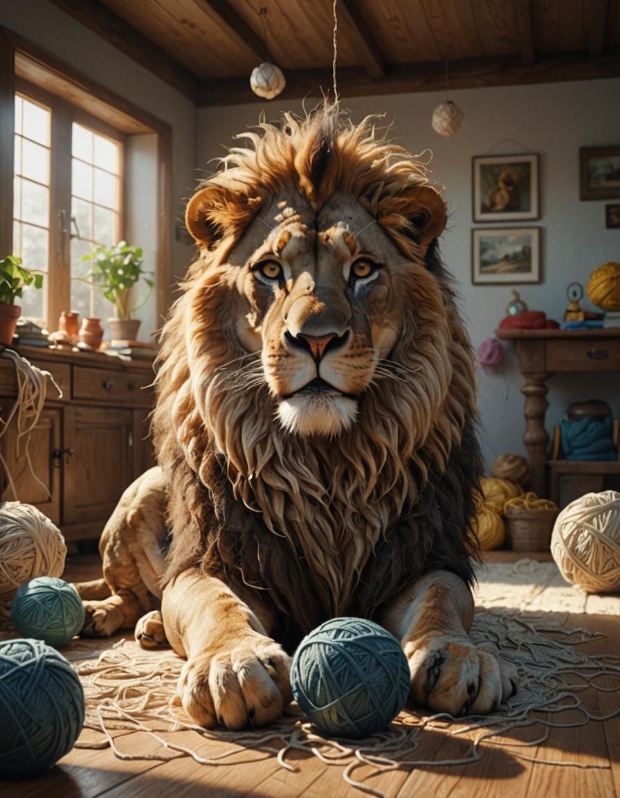 Lion Cub Plays with Yarn, Hyperrealistic Artstation Render