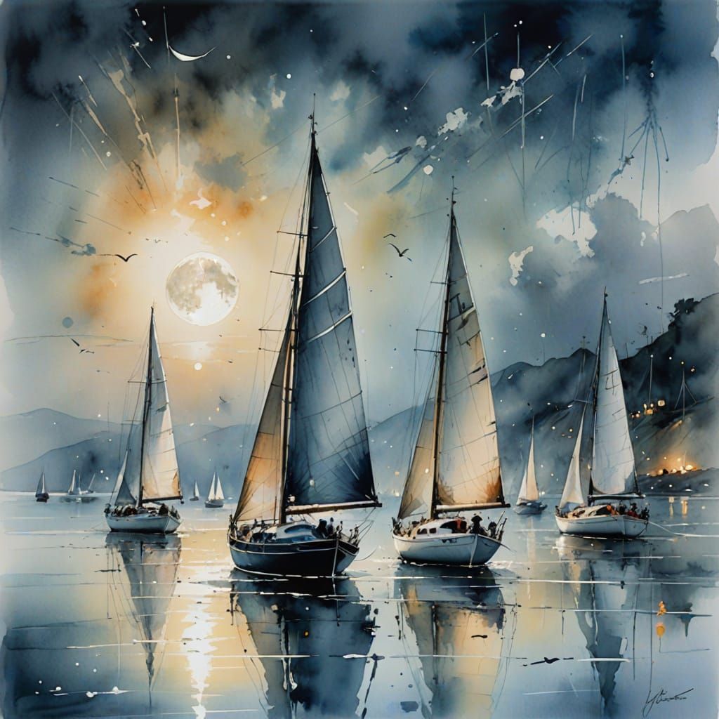 Sailboats on Misty Sea in Watercolor Style