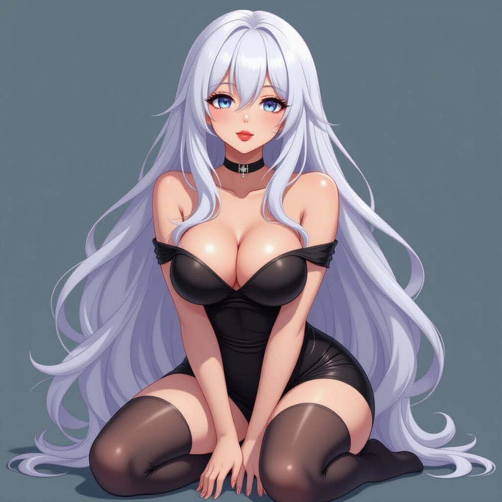 Anime Woman in Black Dress, Sensual Pose