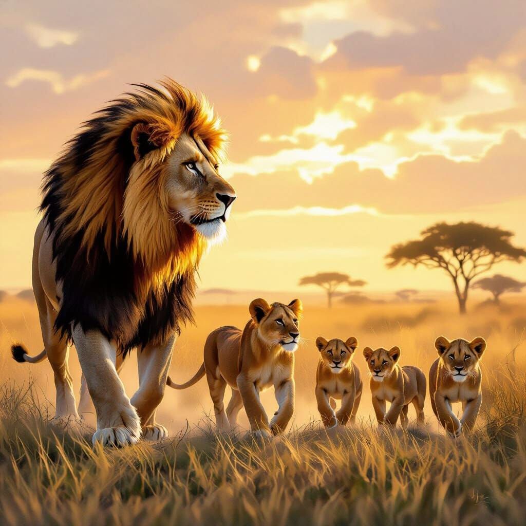 Majestic Lion Guides Pride in Painterly Savanna Dawn