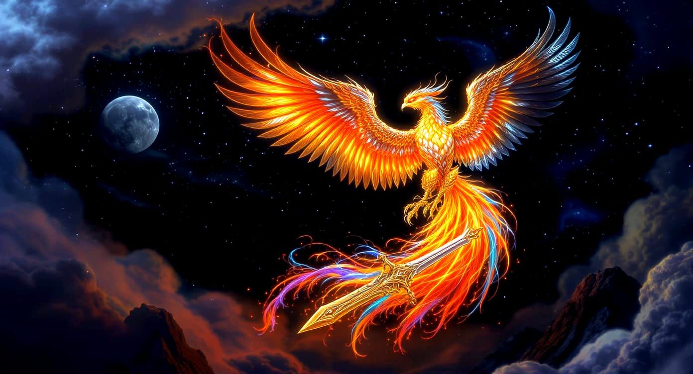 Fiery Phoenix with Sword in Metallic Artwork