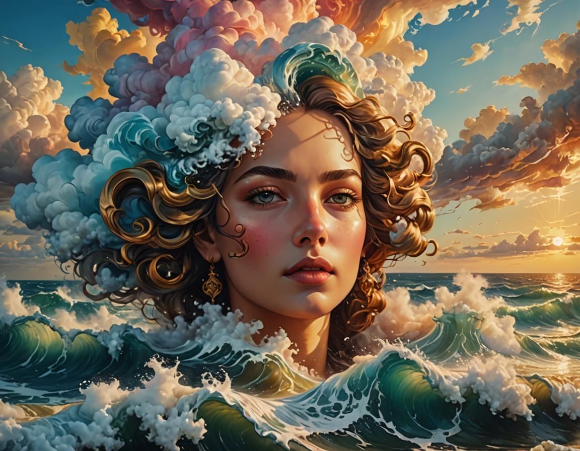 Baroque Cloud Woman Creates Sea Waves
