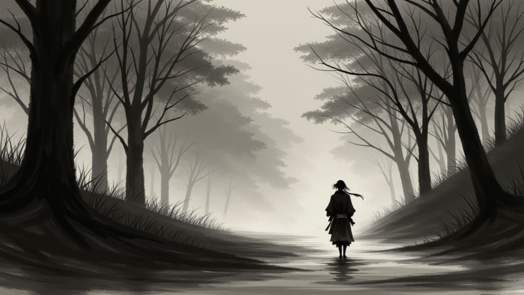 Woman Lost in Forest: Japanese Kano School Brushwork