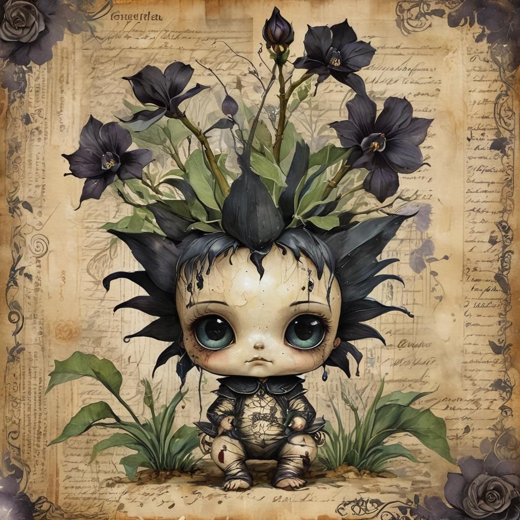 Gothic Baby with Black Orchids: Watercolor Art