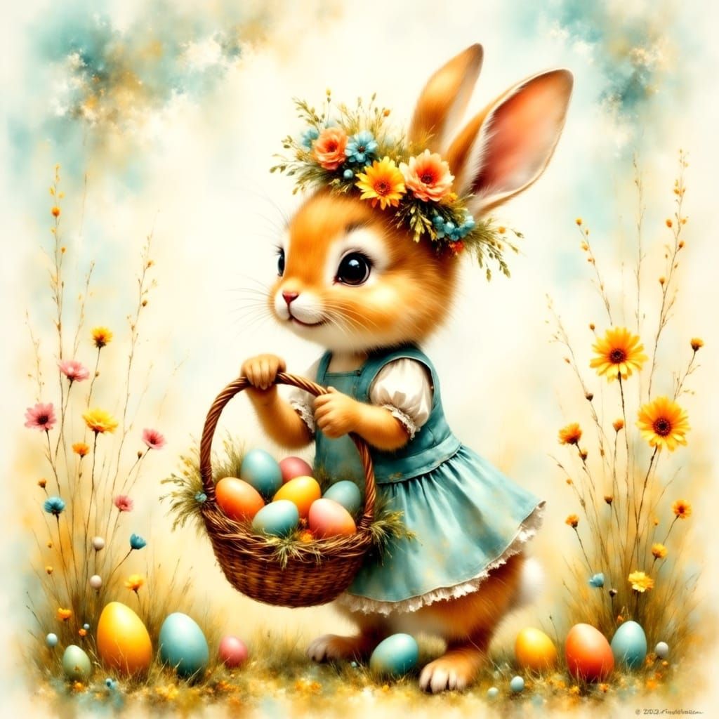Whimsical Easter Bunny in a Floral Meadow