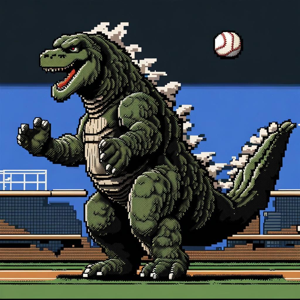 Godzilla Plays Baseball in Pixel Art Style