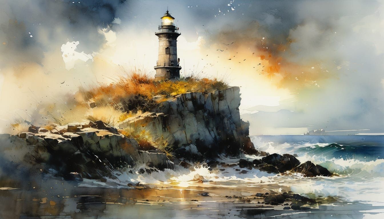 Sunset Lighthouse Watercolor Painting on Rocky Coast