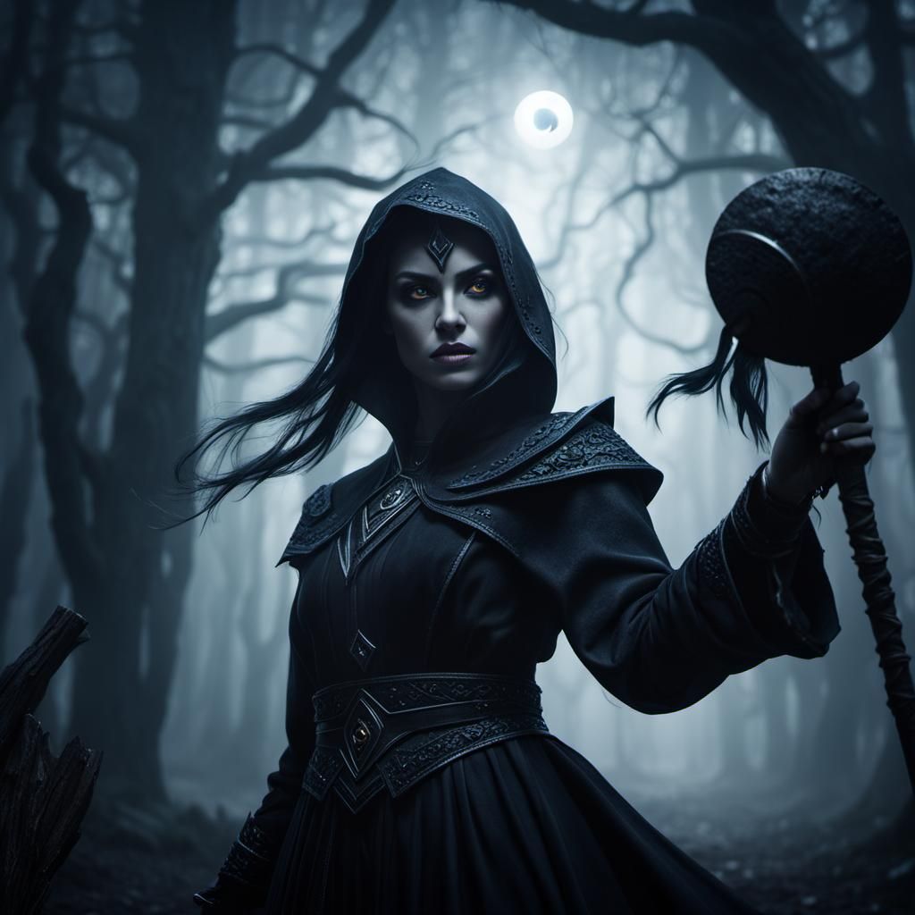 Eerie Dark Sorceress with Eye Wand in Fog