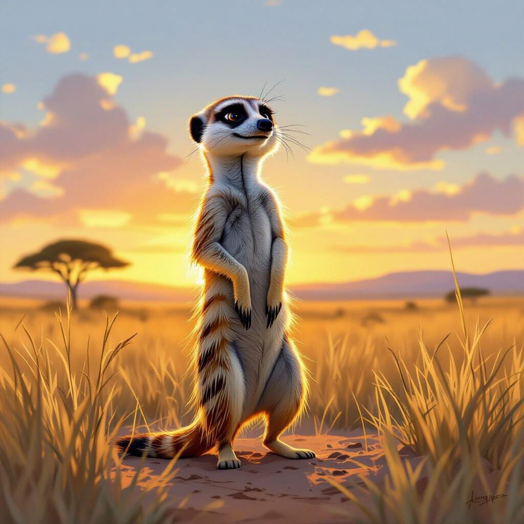 Timon the Meerkat Surveys Savanna at Dusk