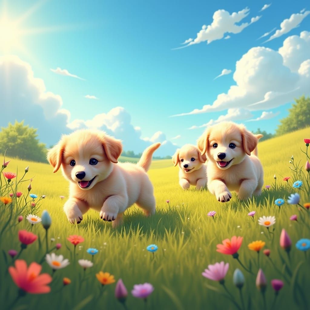 Puppies Play in Sun-Drenched Grassy Meadow