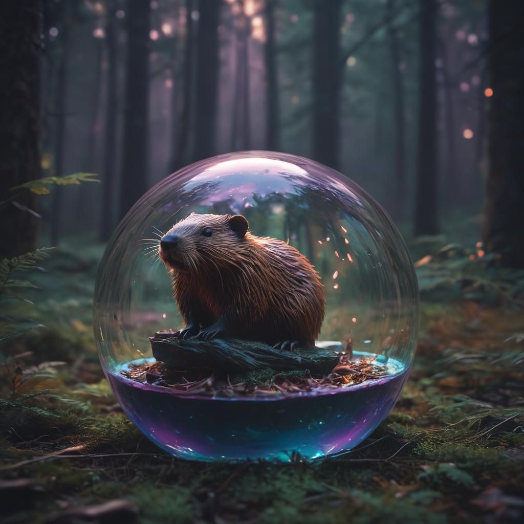 Beaver in Glass Sphere: Dreamlike Fantasy Art