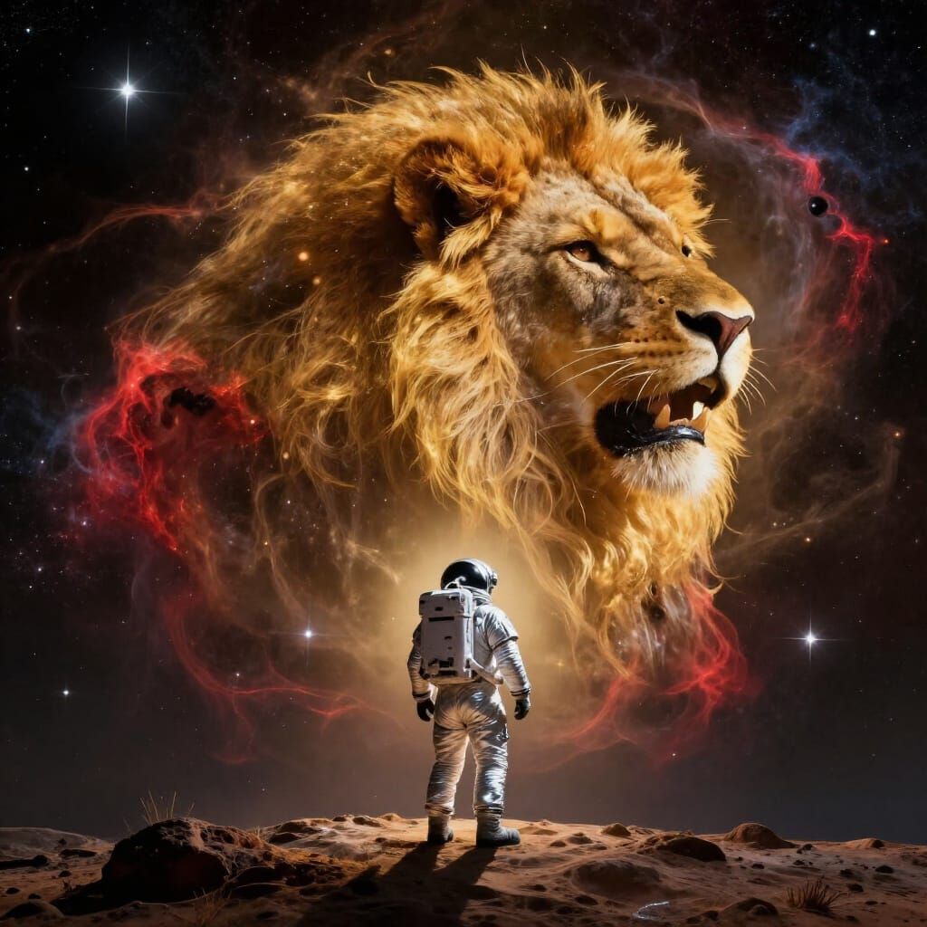 Astronaut Gazes at Lion Nebula in Cosmic Digital Painting