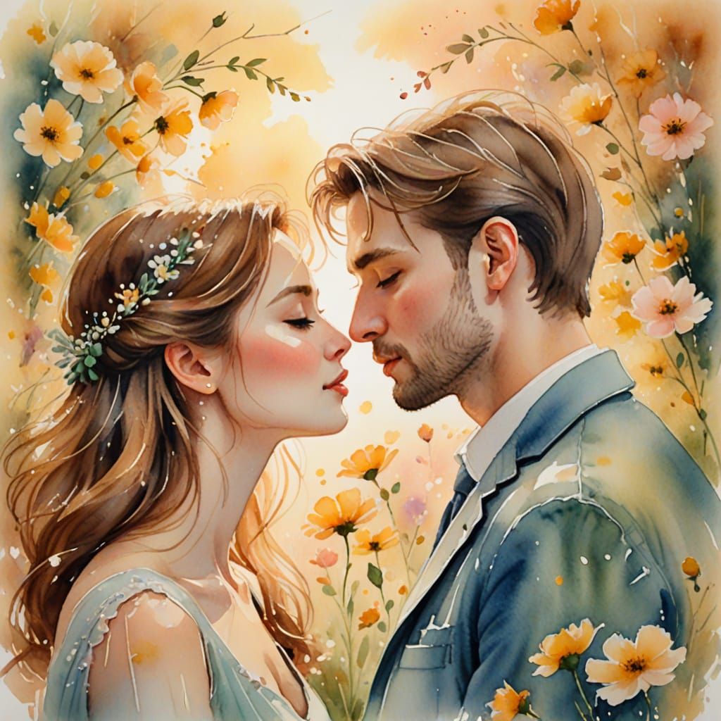 Romantic Watercolor Kiss in Soft, Golden Light