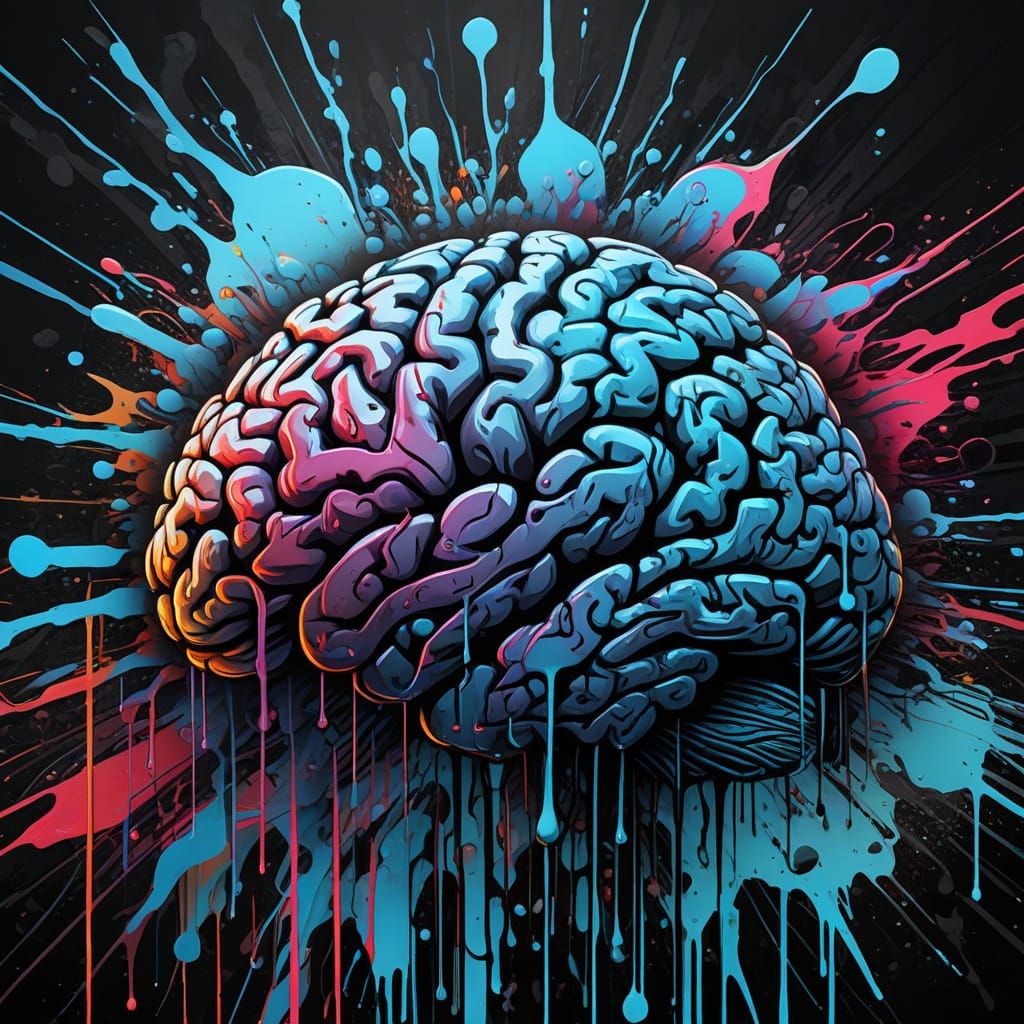 Glowing Brain Graffiti Art in Abstract Expressionism Style