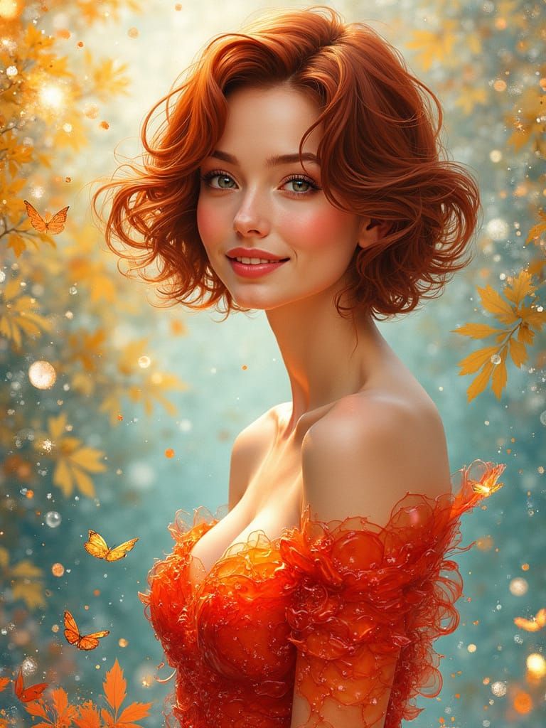 Smiling Woman in Shimmering Glass Dress